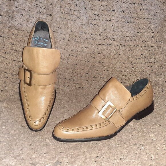 John Fluevog Shoes - JOHN FLUEVOG-Vintage 2007-Picnic Chianti-Studded Monk Strap-Tan Leather-Sz 6-NM